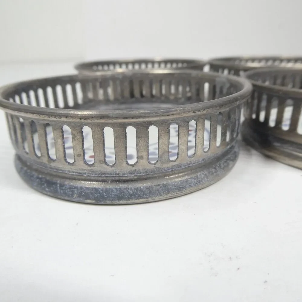 4 Coasters Set Vintage Ceramic Geometric With Pierced Metal Rim